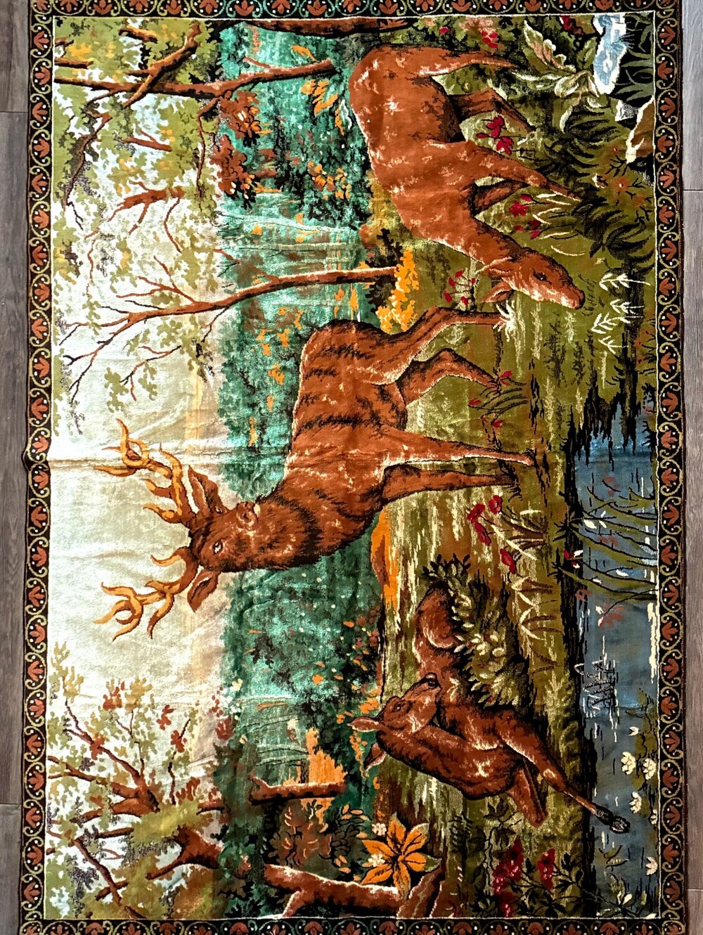 Vintage Deer Tapestry Wall Hanging Rug Plush Velvet Woodland Cabin Decor